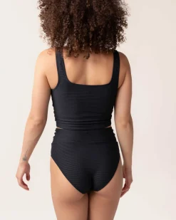 Black Flat Rib Mid Rise Bottom